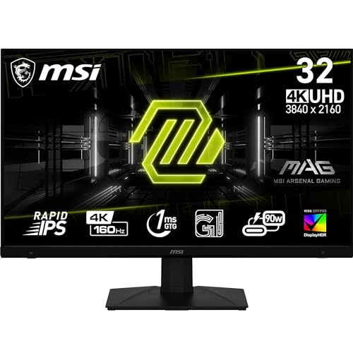 MSI mag 322UPF Monitor UHD Gaming 32", painel IPS rápido 3840 x 2160, GtG 160 Hz/1 ms, sRGB 125,7%, design sem molduras, DisplayHDR 400, DP 1,4a, USB Type-C (DP alt, C/DP de 90 W), HDMI