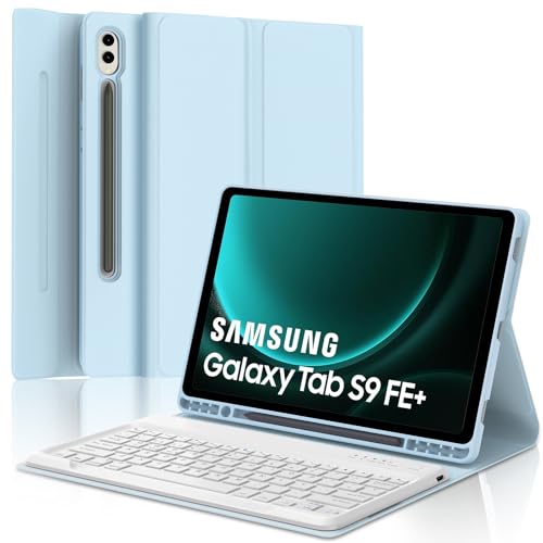 IVEOPPE Teclado Samsung Galaxy Tab S9 FE Plus/S10 Plus 12,4" 2023, com teclado Espanha Ñ Bluetooth Samsung Galaxy Tab S9 Plus 12,4" 2023 (SM-X810/X816B/X818U), azul Azul céu