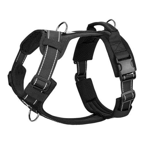 OneTigris Arnês para cães diesel ajustável tático macio acolchoado arnês para cães médios e grandes com refletor, 1 pega, 3 anéis em D (preto, M)