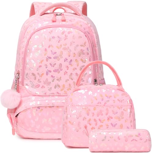 Kimwadalh Mochila menina escolar mochila menina primária mochila infantil arco-íris mochila escola menina mochilas escolares multicor mochila Glitter para meninas, Borboletas pelúcia rosa, M, Mochilas