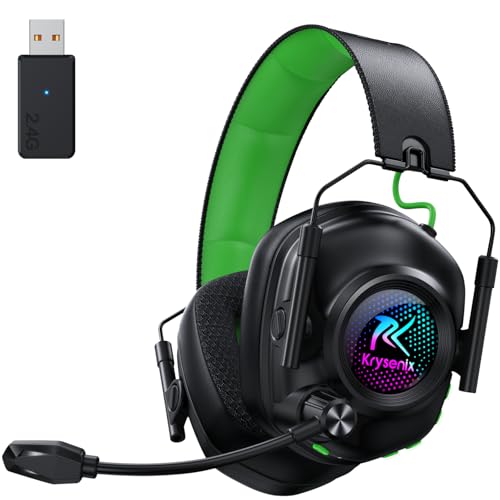 Krysenix KGH2 Capacetes Gaming sem fios, 2,4 GHz auriculares Gaming para PS4, PS5, PC, Mac, Switch, auriculares Bluetooth com microfone, cancelamento de ruído, luz LED e duração 40 Hr+, preto verde