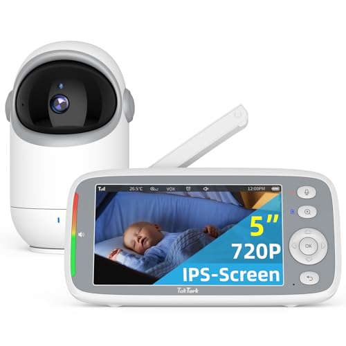 TakTark Câmara de vigilância para bebé, 5" IPS 720P monitor para bebés com câmara de rotação de 300°, monitor de visão noturna sem fios, VOX, comunicação bidirecional, sem WiFi sem App