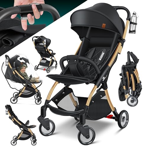 KIDIZ® Premium Cadeira de passeio, Buggy, rodas de 360°, arnês de 5 pontos, inclui porta-copos e protetor de chuva, encosto ajustável e capa, dobrável, champanhe