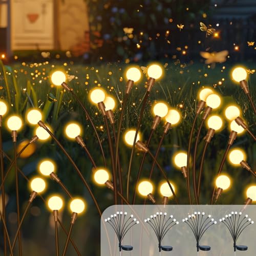 4 peças luzes solares de vaga-lume, 10 LED bolas luzes solares exterior jardim, IP65 impermeável vaga-lume luz solar para jardim aças caminho paisagem pátio decoração noturna (branco quente)