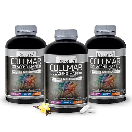 Drasanvi COLLMAR Colágeno marinho hidrolizado com ácido hialurónico, magnésio, vitamina C natural, para cartilagens, ossos e pele, alta dose 3,900 mg/dia, 3 x 180 comp = 90 dias, sabor baunilha