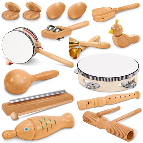 Jojoin Instrumentos musicais de madeira para crianças-20 peças naturais instrumentos de percussão muitos tipos de brinquedo - desenvolvimento educativo brinquedos musicais para bebé de 3 4 5 anos