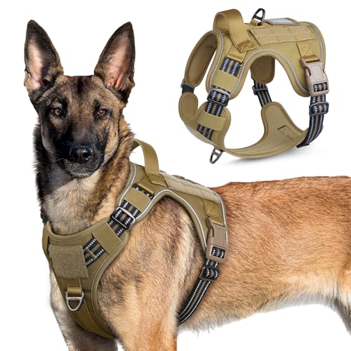 rabbitgoo Arnês cão antipuxões, arnês cão grande médio respirável, arnês tático cão ajustável com alça anéis e bola, colete durável refletor para treino, caminhar, caçar, castanho XL