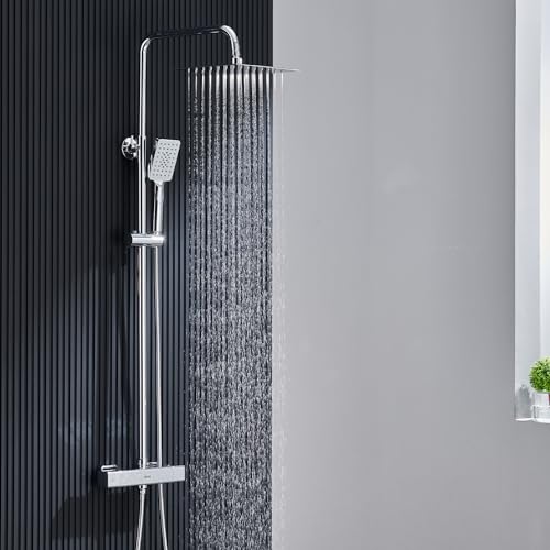 Ulytid Coluna duche termostática cromada, conjunto de chuveiro com torneira térmica 38 °C, chuveiro de mão de 3 modos, sistema chuveiro chuva quadrada 25 x 25 cm, aço inoxidável barra de duche altura