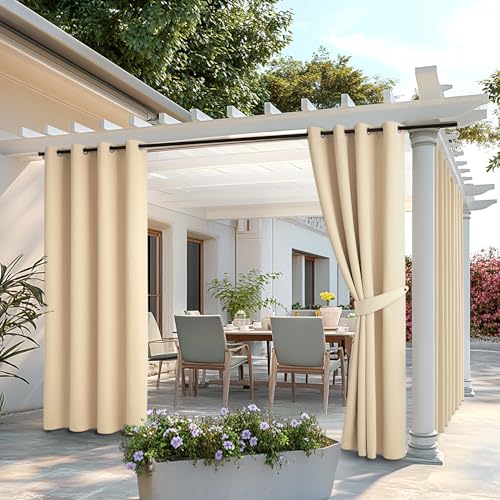 MIULEE Cortinas de exterior impermeáveis, cortinas com terraço exterior com furos, adequadas para varandas, pérgolas, 2 peças, 132 x 275 cm, bege