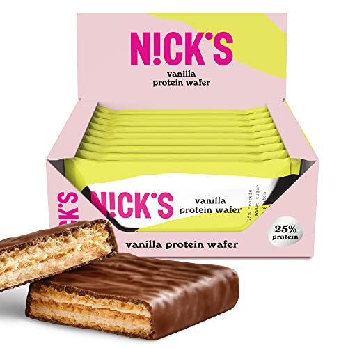 NICKS Protein wafer baunilha | 25% de proteína, 203 calorias, barras protetoras bolacha chocolate sem açúcar adicionado Low Carb Snack Bar sem glúten (9 x 40 g)