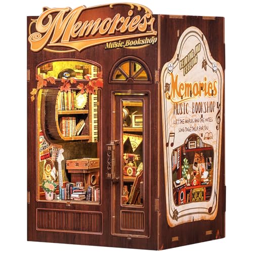 Fsolis Book Nook Kit, casa de bonecas em miniatura, decoração criativa para estantes para adultos e jovens, presente feito à mão com componentes de madeira 3D (Memories Music Bookshop)
