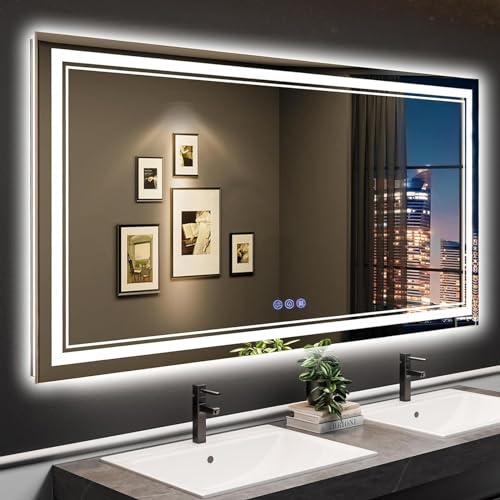 Espelho casa de banho com luz LED 150 x 90 cm, espelhos de casa de banho com LED, memória e vidro temperado HD, espelho digital anti-embaciamento com regulação de brilho instalação horizontal