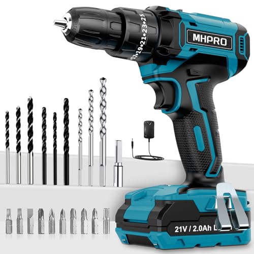 MHPRO Broca Percutor a bateria 21 V, broca parafuso de ateria, 42 N.m parafuso elétrico com bateria 2,0 Ah, 25 + 3 ajuste de par, 24 acessórios, 2 velocidades, luz LED para casa, bricolage