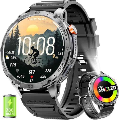 mingwear Relógio inteligente homem ecrã HD AMOLED 1,75 bateria 730 mAh longa duração, lanterna LED, compatível Android iOS, atender chamadas Bluetooth, monitor de atividade fitness