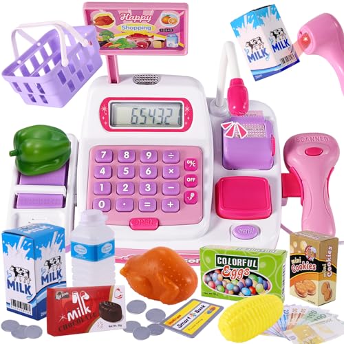 Buyger Caixa registadora de supermercado para brincar, 34 peças, eletrónica, com scanner, calculadora e microfone, para crianças dos 3 aos 5 anos, rosa