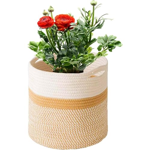 KMERCE - Vaso para plantas de corda de algodão, para decoração de interiores, cesta de armazenamento para brinquedos, roupas, diâmetro de 25 cm, branco e amarelo
