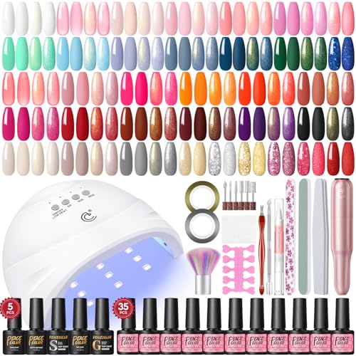 PEACECOLOR Kit Unhas semipermanentes, 40 peças Pinta-unhas semipermanentes, base Top Coat brilhante e mate, unhas semipermanentes, kit completo com lâmpada unhas e lima elétrica unhas, presentes