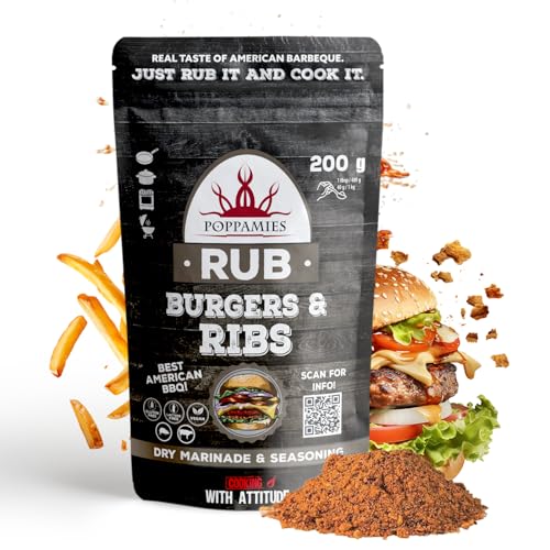 Tempero Poppamies para hambúrgueres e costelas - Marada seca e condimento, perfeita para carne bovina, porco - BBQ americano - pacote grande (200 g)