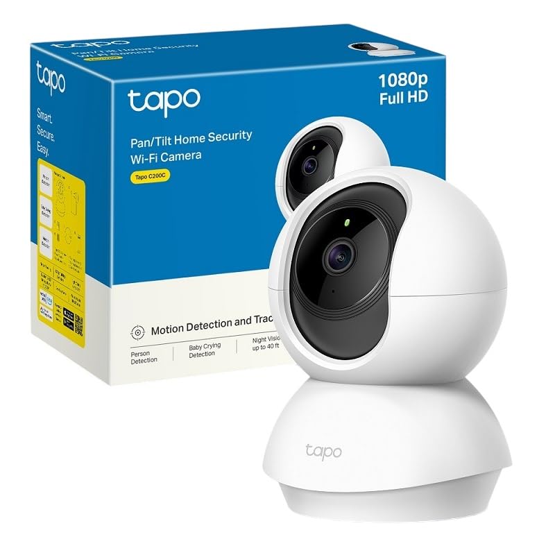 Tapo Câmara de vigilância WiFi interior 360° 1080p C200C, visão noturna, notificações em tempo real, deteção de pessoas, rastreamento de movimento, controlo remoto, compatível com Alexa