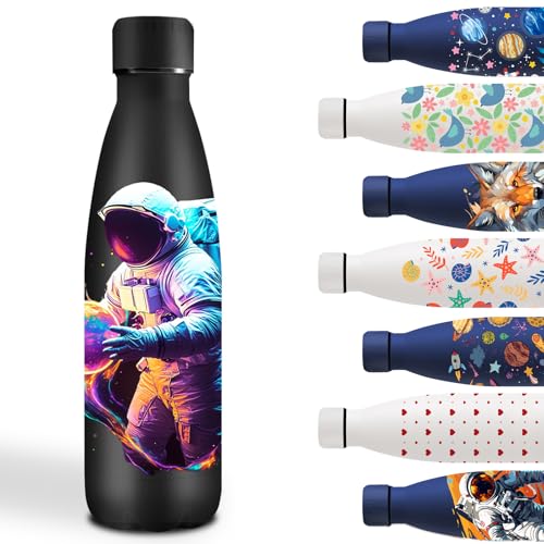 Garrafa de água de aço inoxidável de 500 ml, cantil de aço inoxidável, fácil de transportar, garrafa de água personalizada com astronauta à prova de fugas, à prova de fugas, cantil para a escola