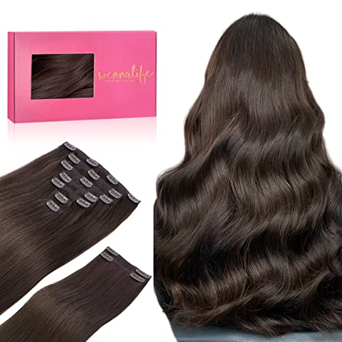 Wennalife Remy Extensões de cabelo humano real com clip, 61 cm, 150 g, 9 unidades, trama dupla, castanho escuro claro
