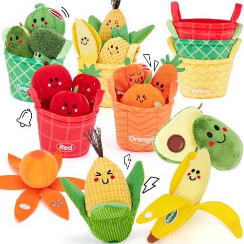 hahaland Brinquedos para bebés 6-12 meses, peluches de frutas e legumes brinquedo de 16 peças com sons e cesta - brinquedos bebés 6 8 9 12 meses, brinquedos Montessori crianças 1 ano