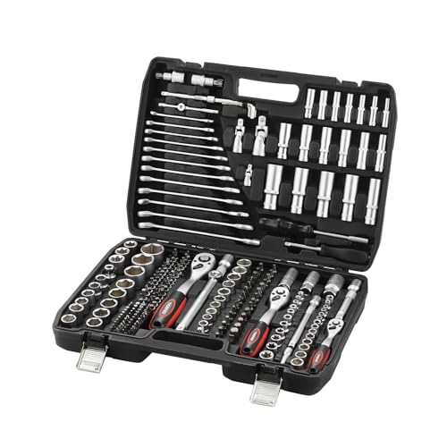 TEENO 216 peças conjunto de chaves de copo e pontas de chave de fenda com 1/4", 3/8", 1/2", kit de ferramentas mecânicas para automóveis, CR-V com acabamento cromado mate para trabalhar em bicicletas