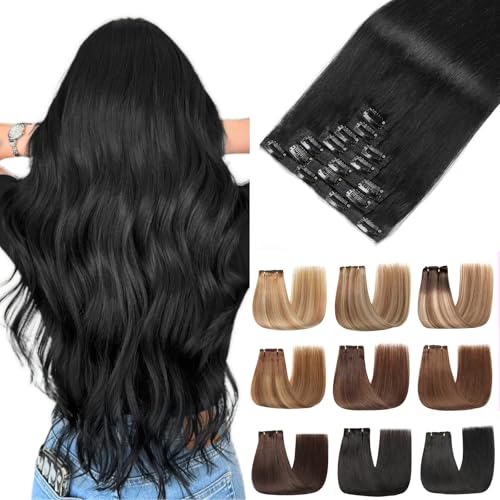 EINbeauty Clipe de extensões de cabelo natural, 7 unidades 120 g 45 cm extensões naturais de clipe de cabelo natural preto azabache Human Hair Extensão (18 polegadas, 1#)