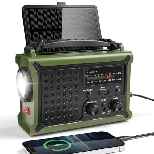 Rádio solar de emergência, rádio AM/FM com manivela e bateria recarregável 12000 mAh para carregamento de emergência de smartphone, lanterna LED, luz de leitura e alarme SOS para exteriores e viagens