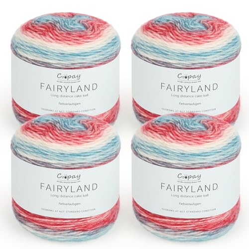 Coopay Ovel de lã degradado, 400 g (4 x 100 g) para crochê, fio de gradiente multicolorido, fio de croché muito macio, lã para tecer camisolas elegantes, chapéus, cachecóis, vermelho e azul