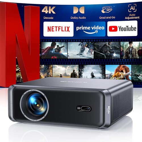 Projetor de 4K Netflix Oficial/Dolby: 1000 ANSI Smart Projetor 4K AI Auto Focus/Keystone WiFi Bluetooth FHD 1080P, aplicações integradas iWIMIUS Projetores portátil WiFi cinema em casa/exterior/R