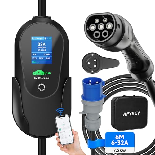 AFYEEV 6 m Carregador de carro elétrico 7,2 kW, cabo de carregamento elétrico tipo 2, com corrente regulável 6/8/10/13/16/20/24/32A, carregador EV tipo 2 controlo remoto WiFi, compatível com a norma I