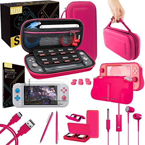 Orzly Pacote de acessórios para Nintendo Switch Lite: Inclui: Protetores de ecrã e capa para Switch Lite consola, capa Comfort Grip, cabo USB, auriculares e muito mais. (rosa)