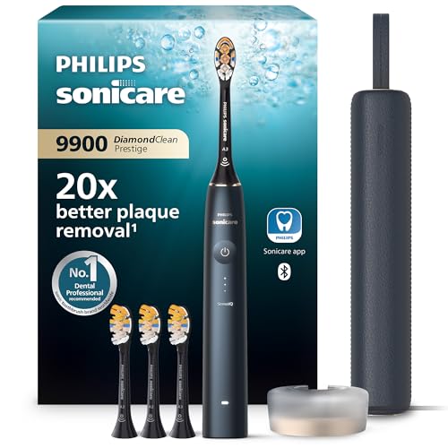 Philips Sonicare DiamondClean 9900 Prestige escova de dentes elétrica, com tecnologia SenseIQ e aplicação, 5 modos de escovagem, estojo de viagem com carga, azul meia-noite, modelo HX9992/45