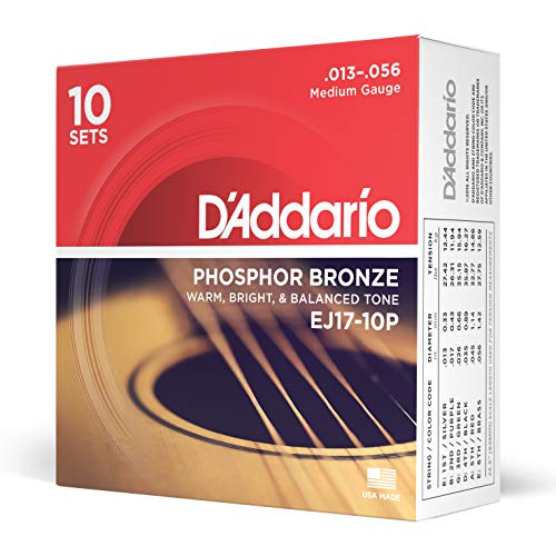 D'Addario Cordas de guitarra acústica - cordas de guitarra - cordas de guitarra acústica - EJ17-10P - Médio, 13-56 - pacote de 10