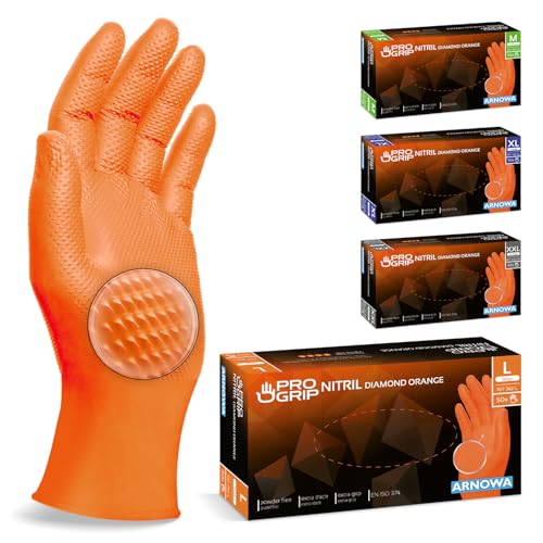 500x PROGRIP Luvas nitrilo tamanho L laranja [com dupla espessura e textura diamante], luvas descartáveis de nitrilo para oficina, indústria e montagem, luvas nitrilo descartaveis
