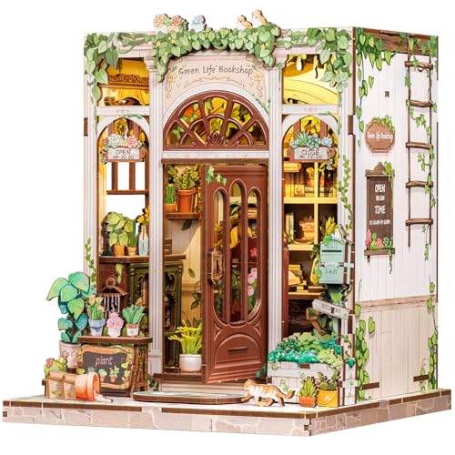 Fsolis Book Nook Kit de madeira com luz LED, decoração 3D para casas em miniatura, puzzle criativo, presente personalizado para adultos, crianças e meninas (Green Life Bookshop)