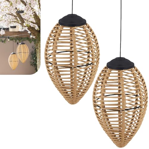 Gadgy Candeeiros solares de vime para exterior, conjunto de 2 lanternas LED pendentes, iluminação solar decorativa para jardim, terraço e varanda, luzes solares resistentes à água