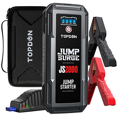 TOPDON JS2000 Iniciador de carros, 2000 A 16 000 mAh Iniciador de baterias de 12 V (até 8,0 l gasolina ou 6,0 l gasóleo), luz LED, carregamento rápido USB-C para dispositivos elétricos