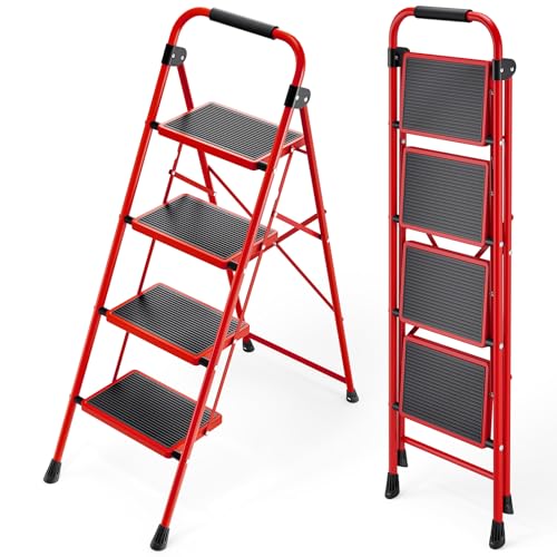 KINGRACK Escada dobrável 4 degraus, escada de tesoura com pedais antiderrapantes largos, manguito de esponja, degrau banco de aço portátil uso casa cozinha escritório, carga até 150 kg, vermelho