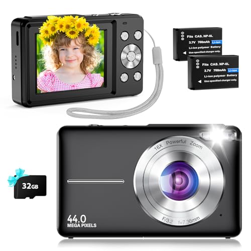 Câmara digital câmara fotográfica compacta de 44 MP com vídeo HD 1080P, cartão de 32 GB, baterias duplas, 20 filtros, antivibração para crianças, adolescentes e iniciantes