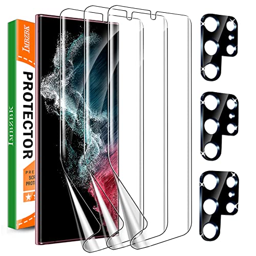 IMBZBK Projetado para Samsung Galaxy S22 Ultra 5G protetor de ecrã [não vidro], 3 pacotes de película de TPU flexível HD com 3 pack protetor de lente de câmera, Case Friendly, sem bolhas