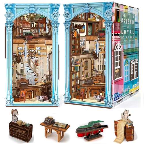 MiniCity Book Nook Kit, DIY casa de bonecas em miniatura, conjunto de canto de livros, 3D, quebra-cabeças de madeira, suporte para livros na biblioteca, decoração com luz LED para adolescentes e