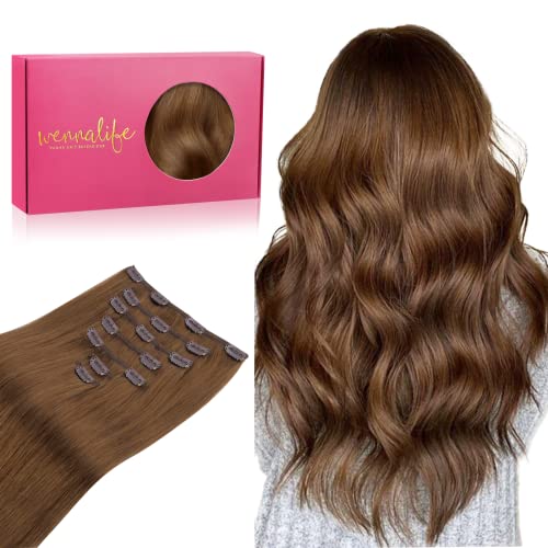 Wennalife Extensões de cabelo humano real com grampo, 50 cm, 120 g, 7 unidades, extensões de cabelo humano com clipe, extensões de cabelo humano de Remy cor castanho claro