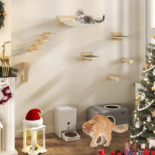 YITAHOME 7 peças prateleira de escalada para gatos montada na parede, móveis de parede de madeira para gatos árvore para gatos com 3 colunas coberturas de sisal / escada de 4 degraus com raspador /