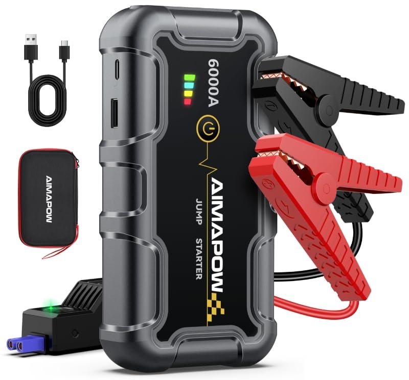 Iniciador de baterias para carro, 6000 A, 12 V Jump Starter (até todo o gás ou diesel de 10,0 l), clipes de segurança inteligentes, LED de 400 lúmenes, caixa portátil