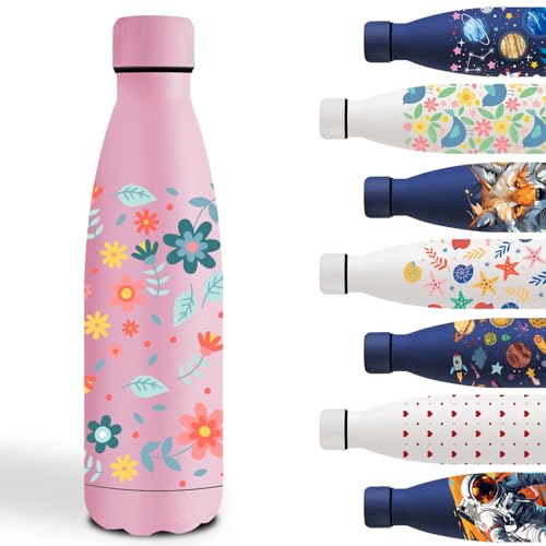 Garrafa de água de aço inoxidável 500 ml, cantil de aço inoxidável, fácil de transportar, garrafa de água personalizada, à prova de fugas, cantil infantil para a escola, viagens, desportos, rosa