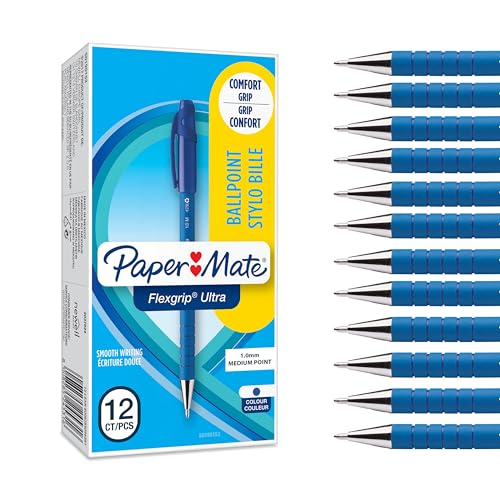 Paper Mate Flexgrip Ultra esferográfica com tampa | ponta média (1,0 mm) | azul, material escolar, caixa de 12