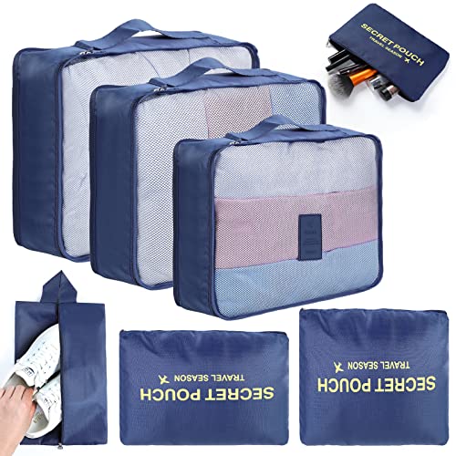 AiQInu Organizador de bagagem 7 Sets, organizador impermeável mala de viagem, pack cubos para roupa, roupa interior, bolsa de sapatos de viagem, fecho de correr, 40 x 30 x 12 cm, azul escuro