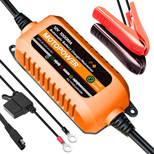 MOTOPOWER Carregador automático 12 V 1000 mA - manutenção da bateria, carregador de retenção e desulador de bateria com protetor de temporizador.